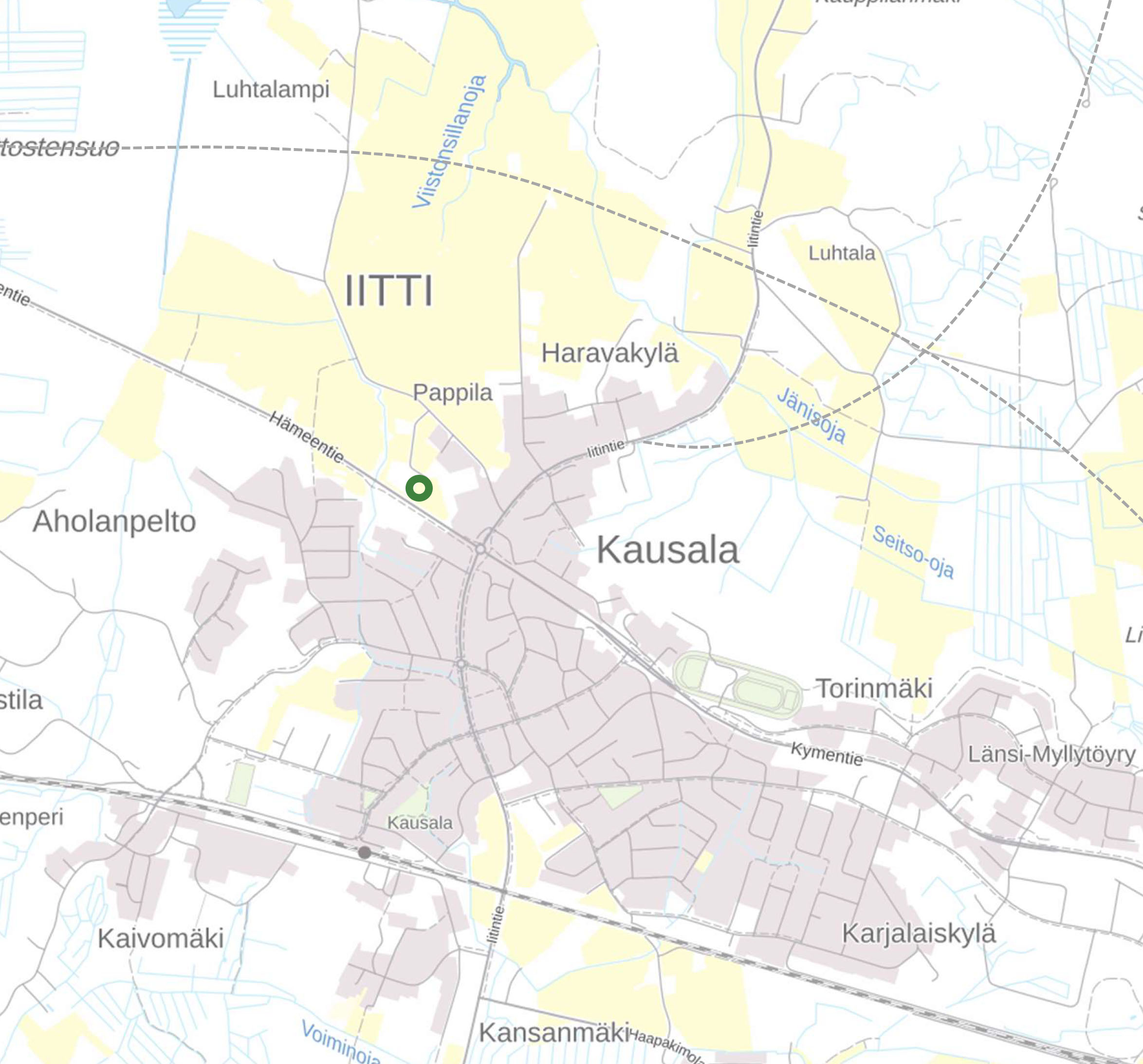 Tiekartta Iitin Kausalasta ja karttaan on merkattu ympyrällä tontti
