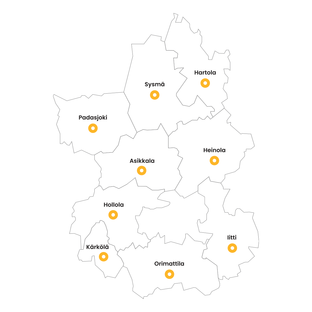 Päijät-Hämeen työvoimapalvelut kartalla: Iitti, Orimattila, Kärkölä, Hollola, Asikkala, Padasjoki, Sysmä, Hartola ja Heinola.